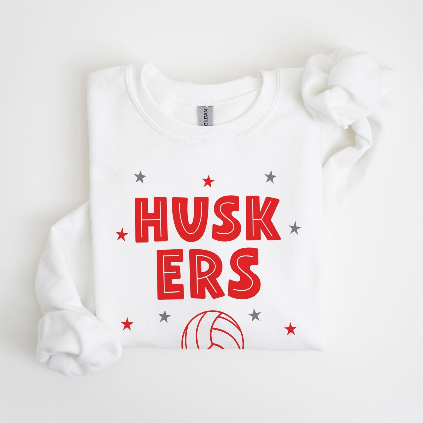 Gildan Sweatshirt White-Game Day Stars Huskers Volleyball Red & Grey