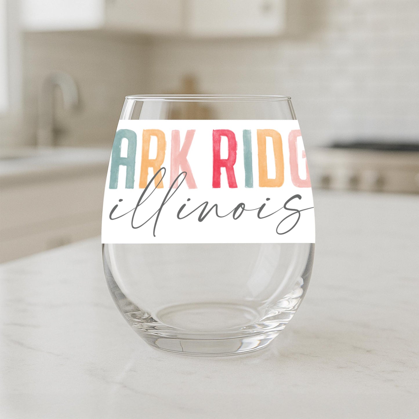 15oz Stemless Wine Glass-Watercolor City Park Ridge Illinois -1