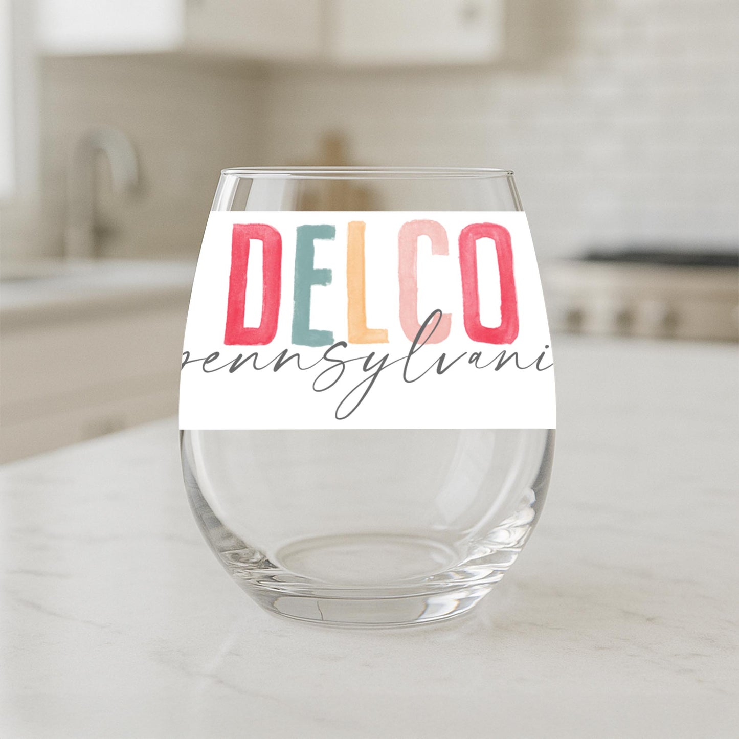 15oz Stemless Wine Glass-Watercolor City Delco Pennsylvania -1