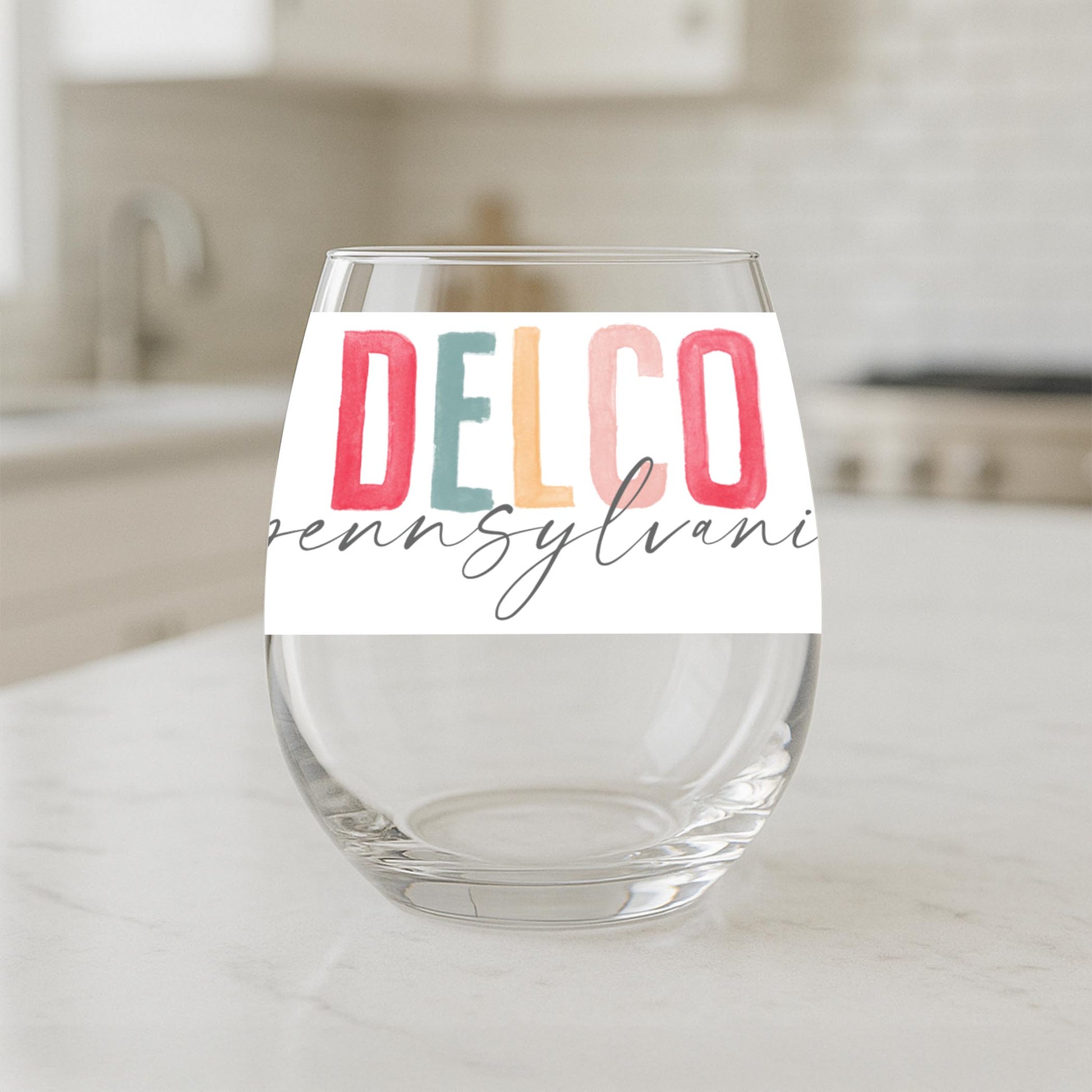 15oz Stemless Wine Glass-Watercolor City Delco Pennsylvania -1