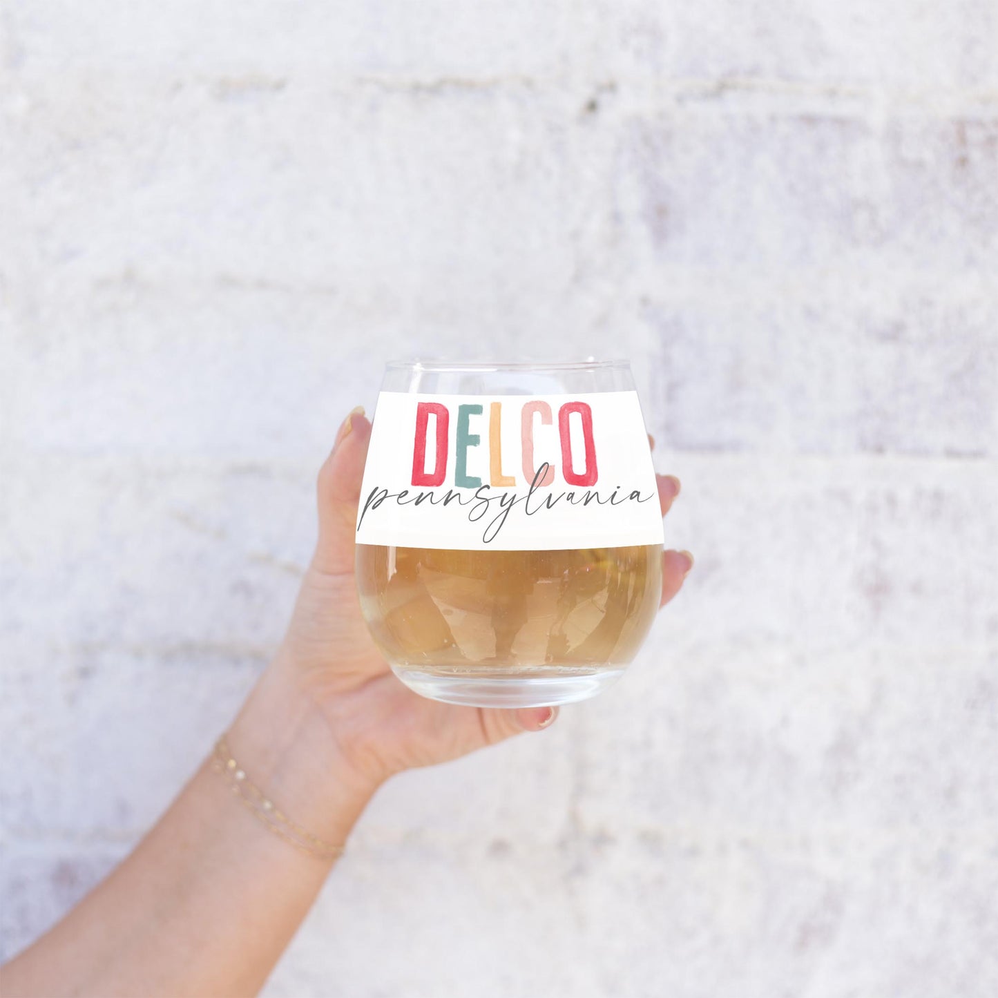 15oz Stemless Wine Glass-Watercolor City Delco Pennsylvania -2