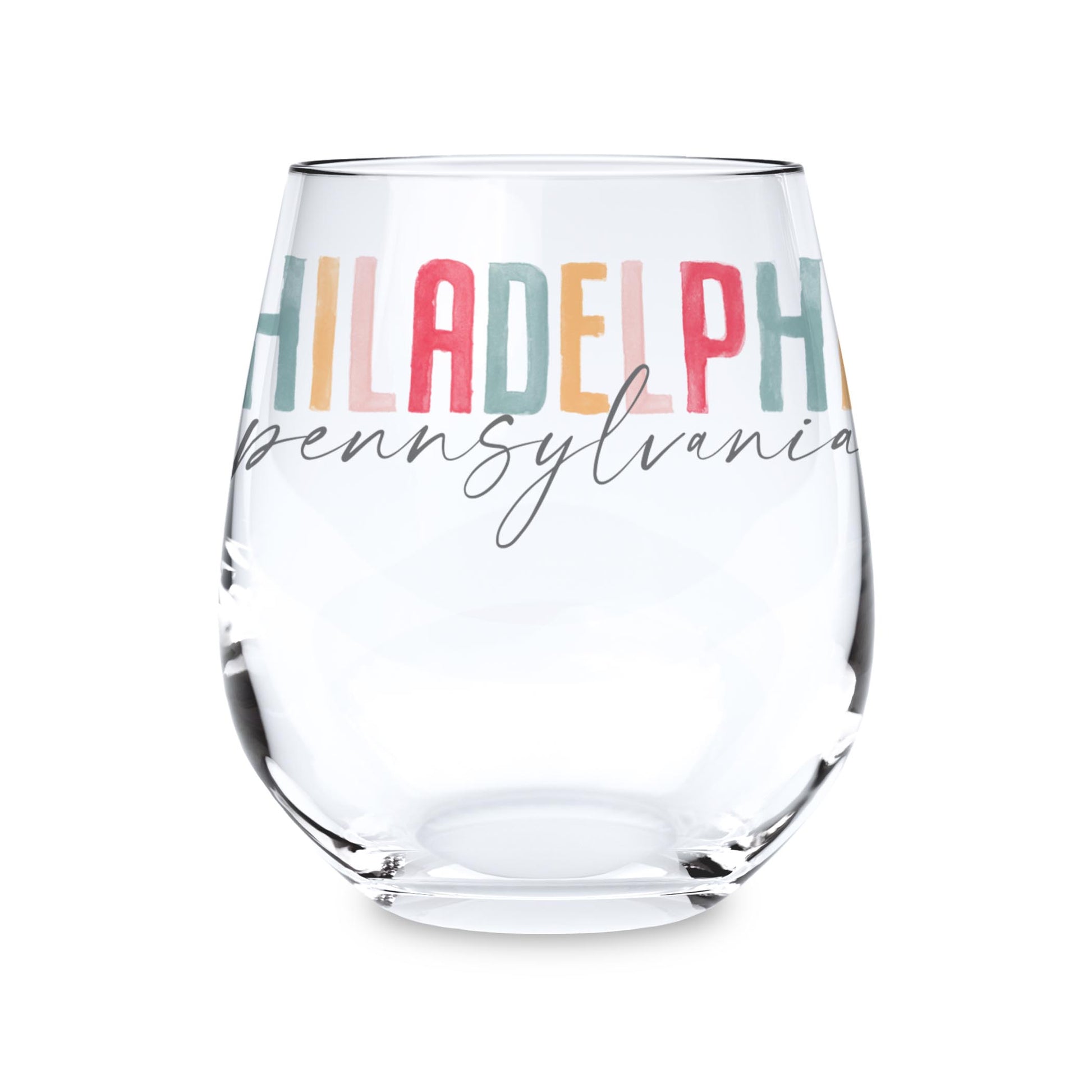 15oz Stemless Wine Glass-Watercolor City Philadelphia Pennsylvania -0