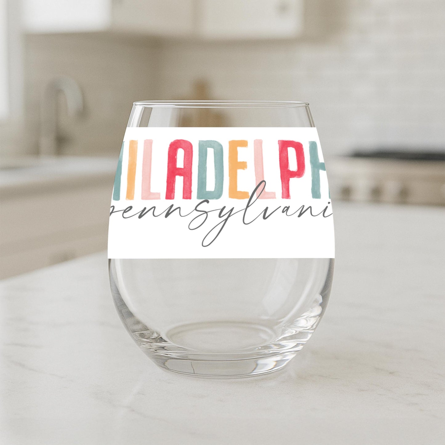15oz Stemless Wine Glass-Watercolor City Philadelphia Pennsylvania -1