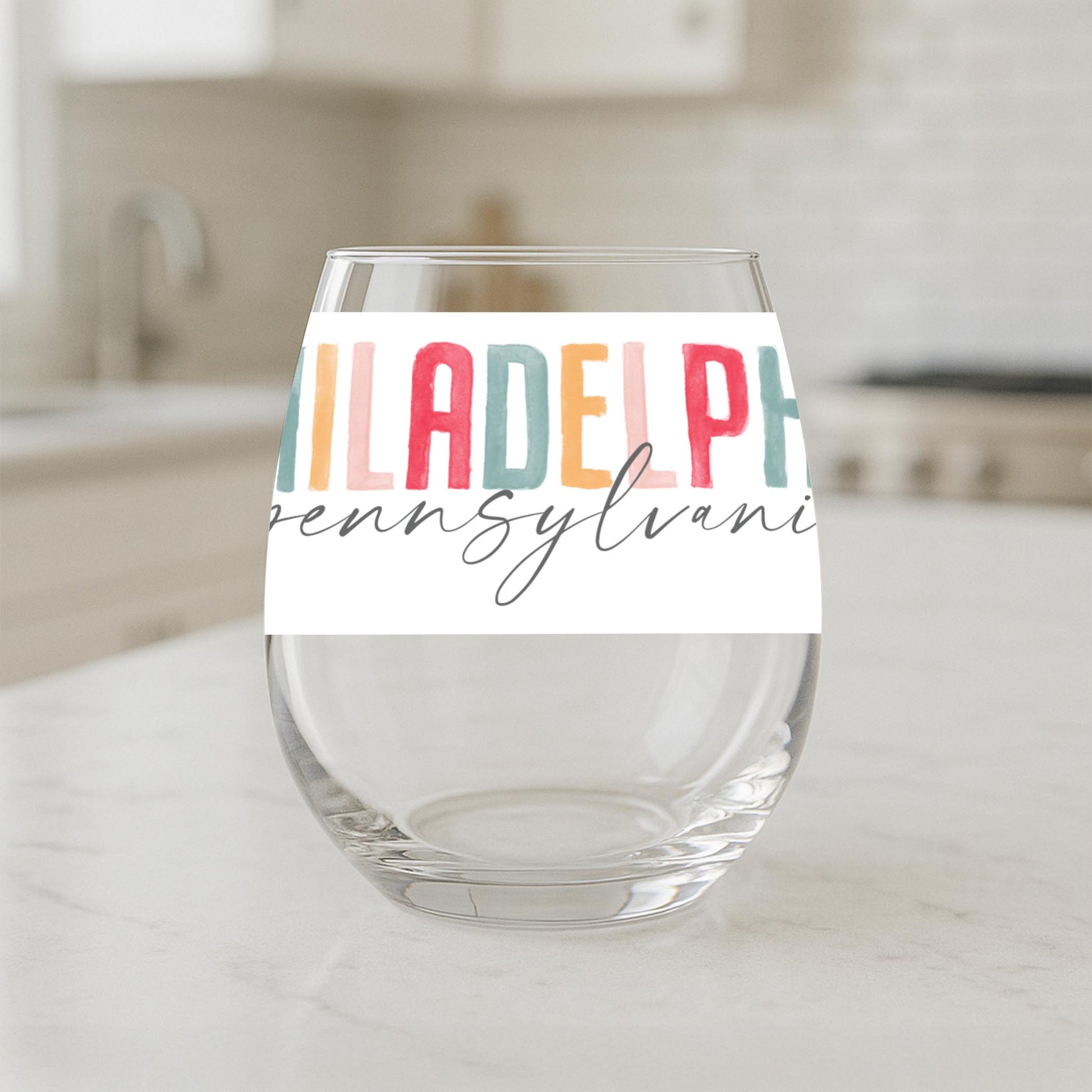 15oz Stemless Wine Glass-Watercolor City Philadelphia Pennsylvania -1