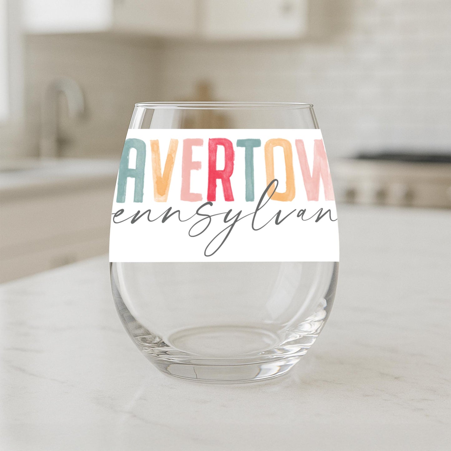 15oz Stemless Wine Glass-Watercolor City Havertown Pennsylvania -1