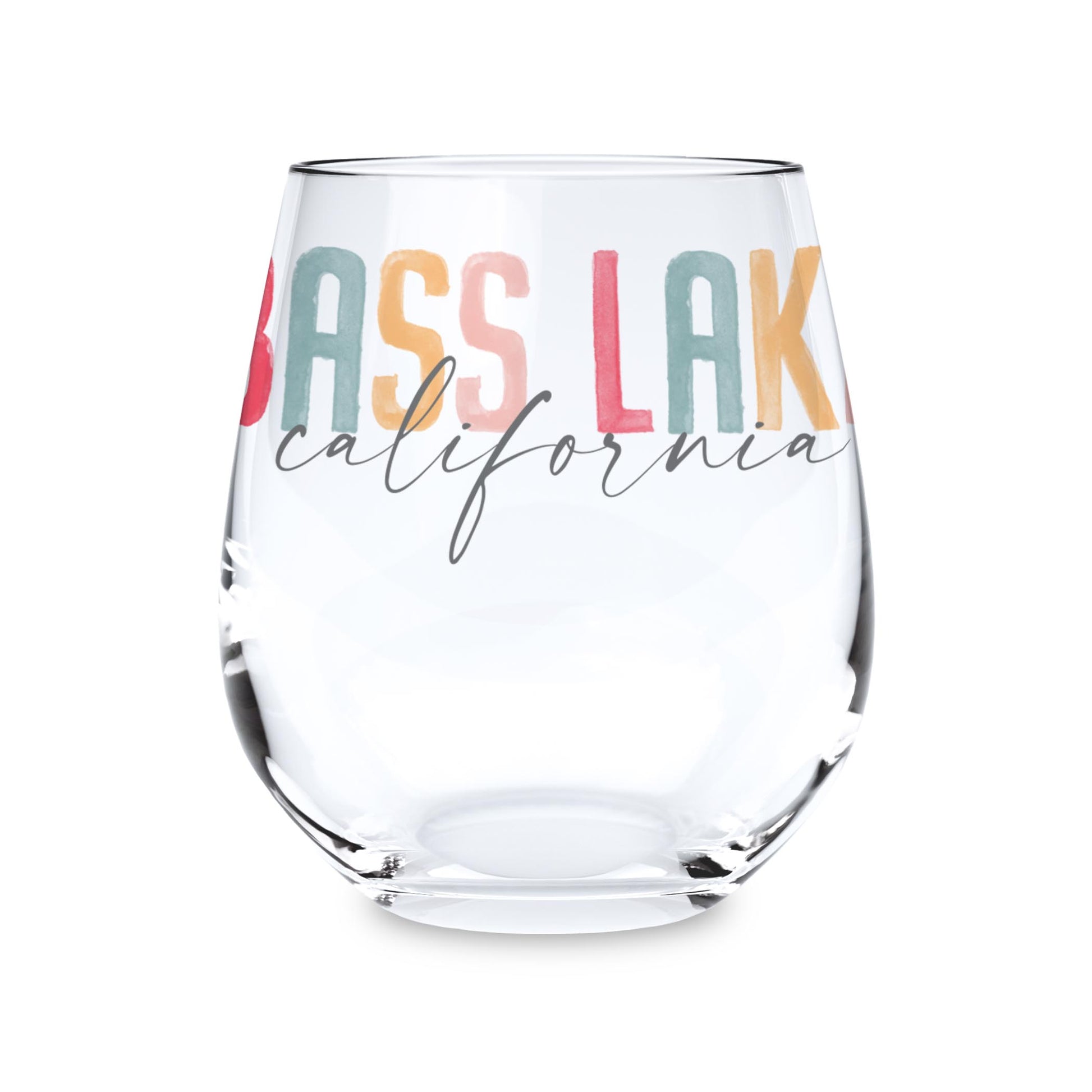 15oz Stemless Wine Glass-Watercolor City Bass Lake California -0