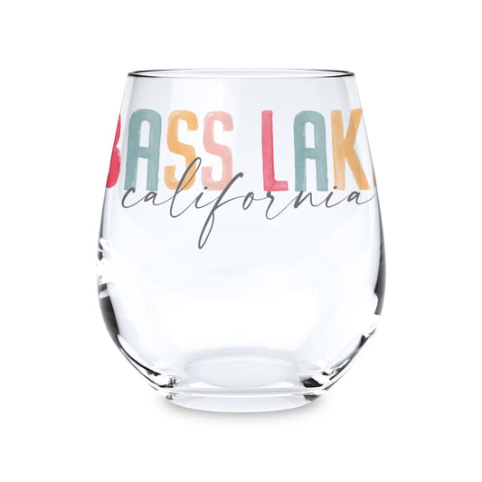 15oz Stemless Wine Glass-Watercolor City Bass Lake California -0
