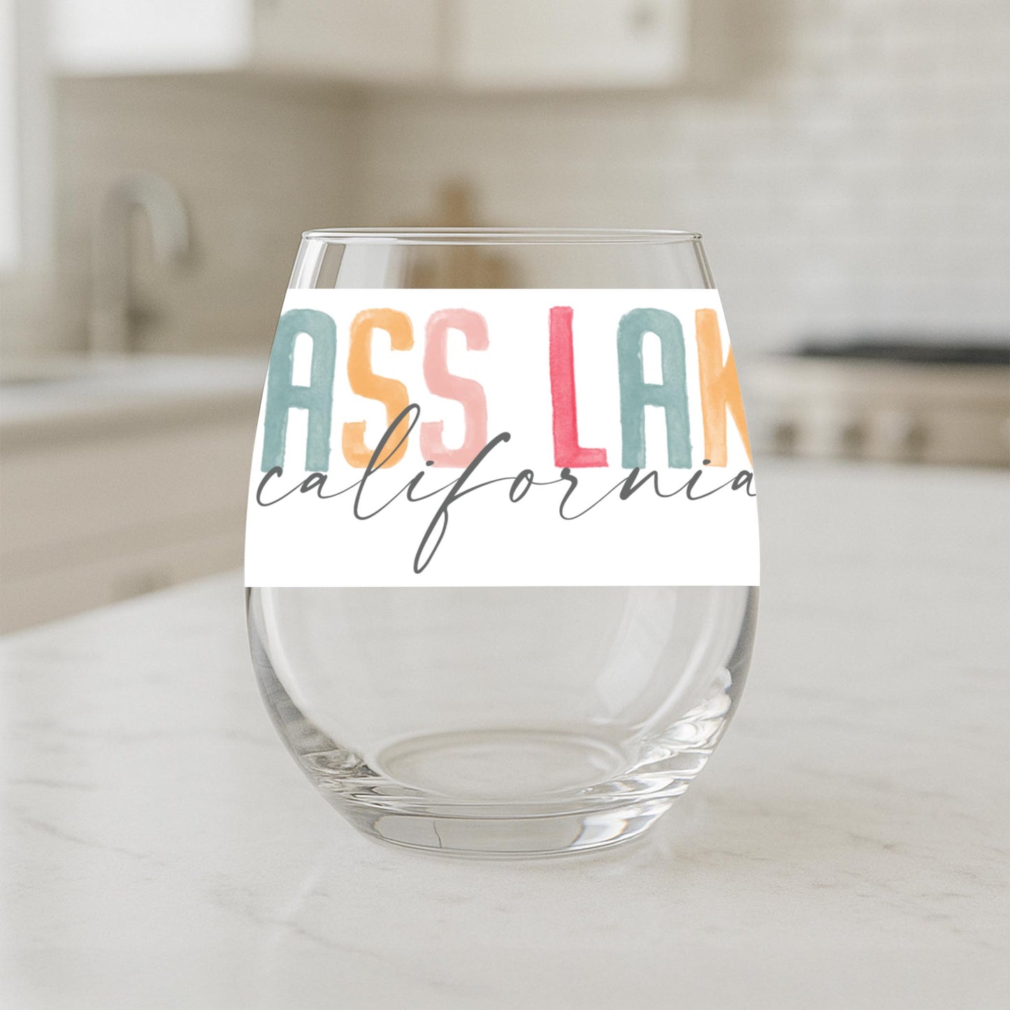 15oz Stemless Wine Glass-Watercolor City Bass Lake California -1