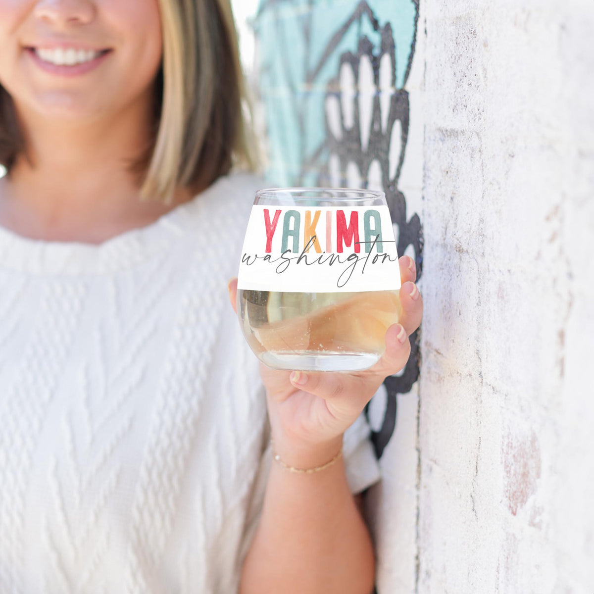 15oz Stemless Wine Glass-Watercolor City Yakima Washington -3