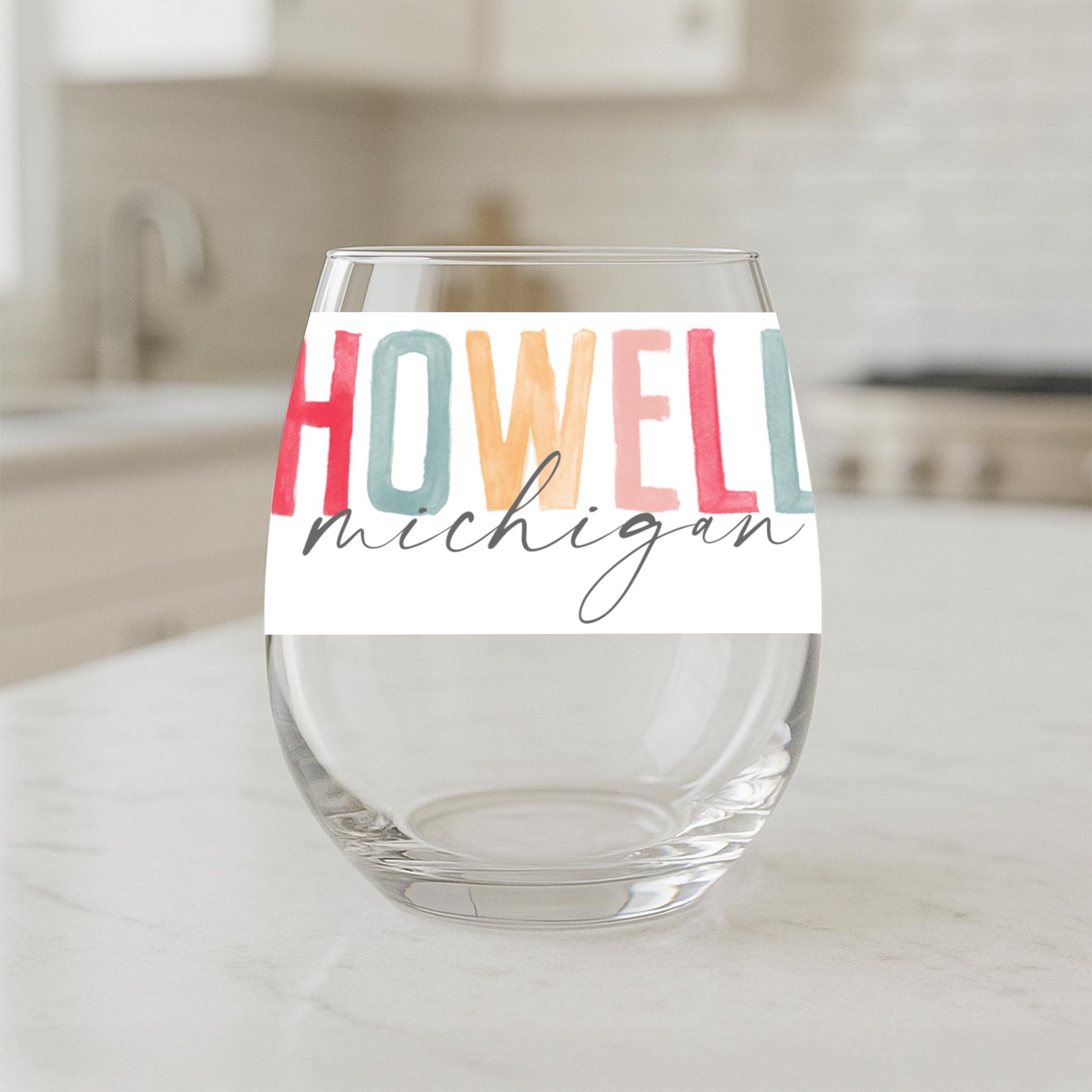 15oz Stemless Wine Glass-Watercolor City Howell Michigan -1