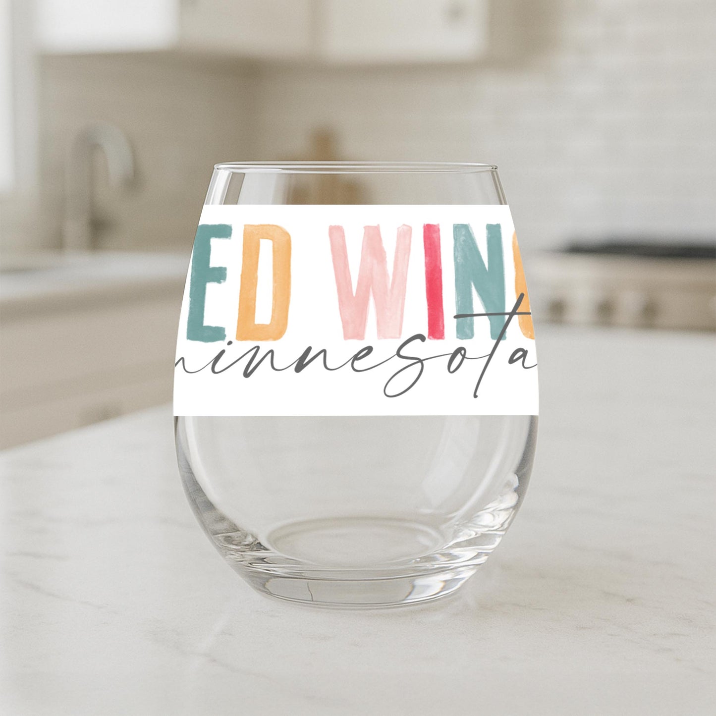 15oz Stemless Wine Glass-Watercolor City Red Wing Minnesota -1