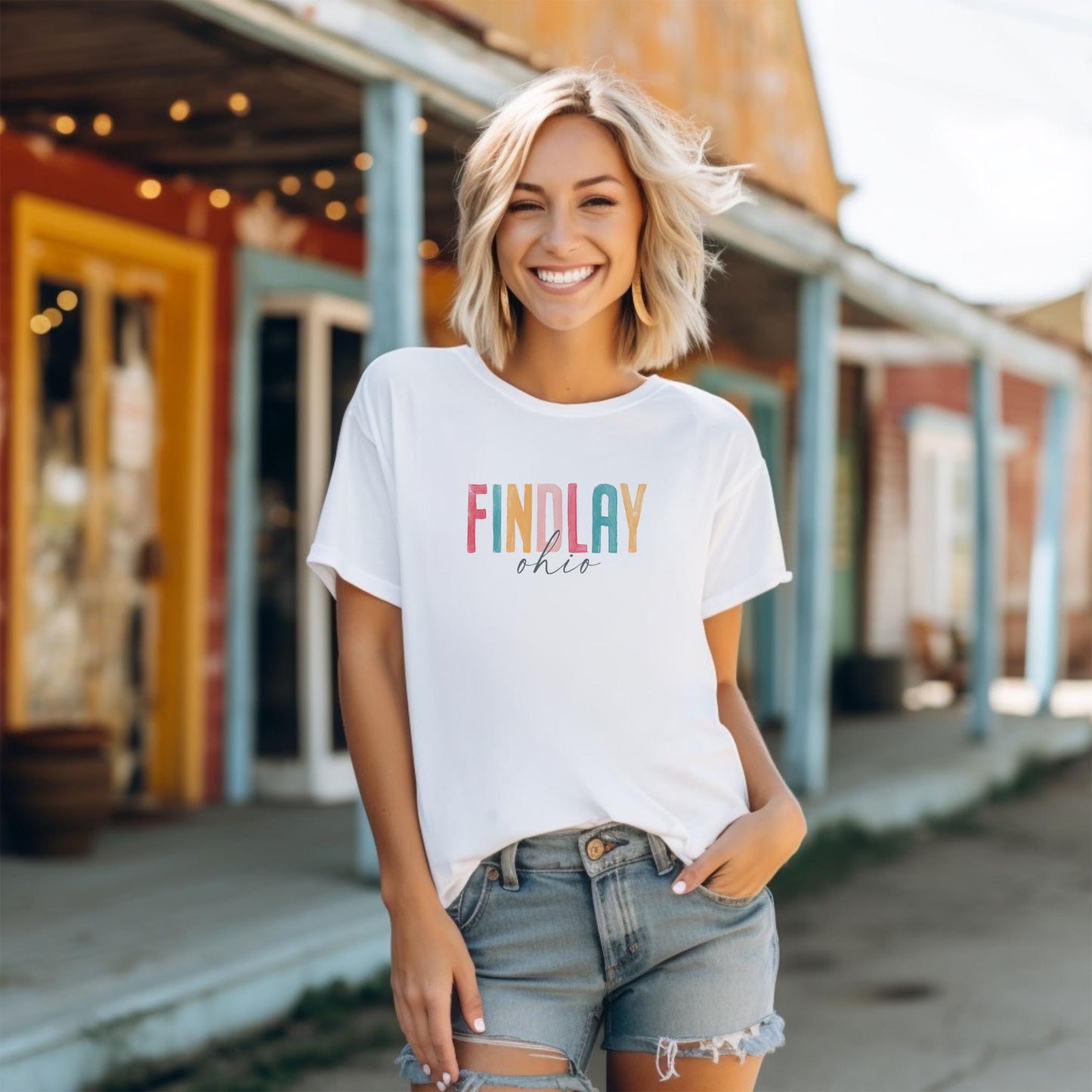 Bella Canvas T-Shirt White-Watercolor City Findlay Ohio -1
