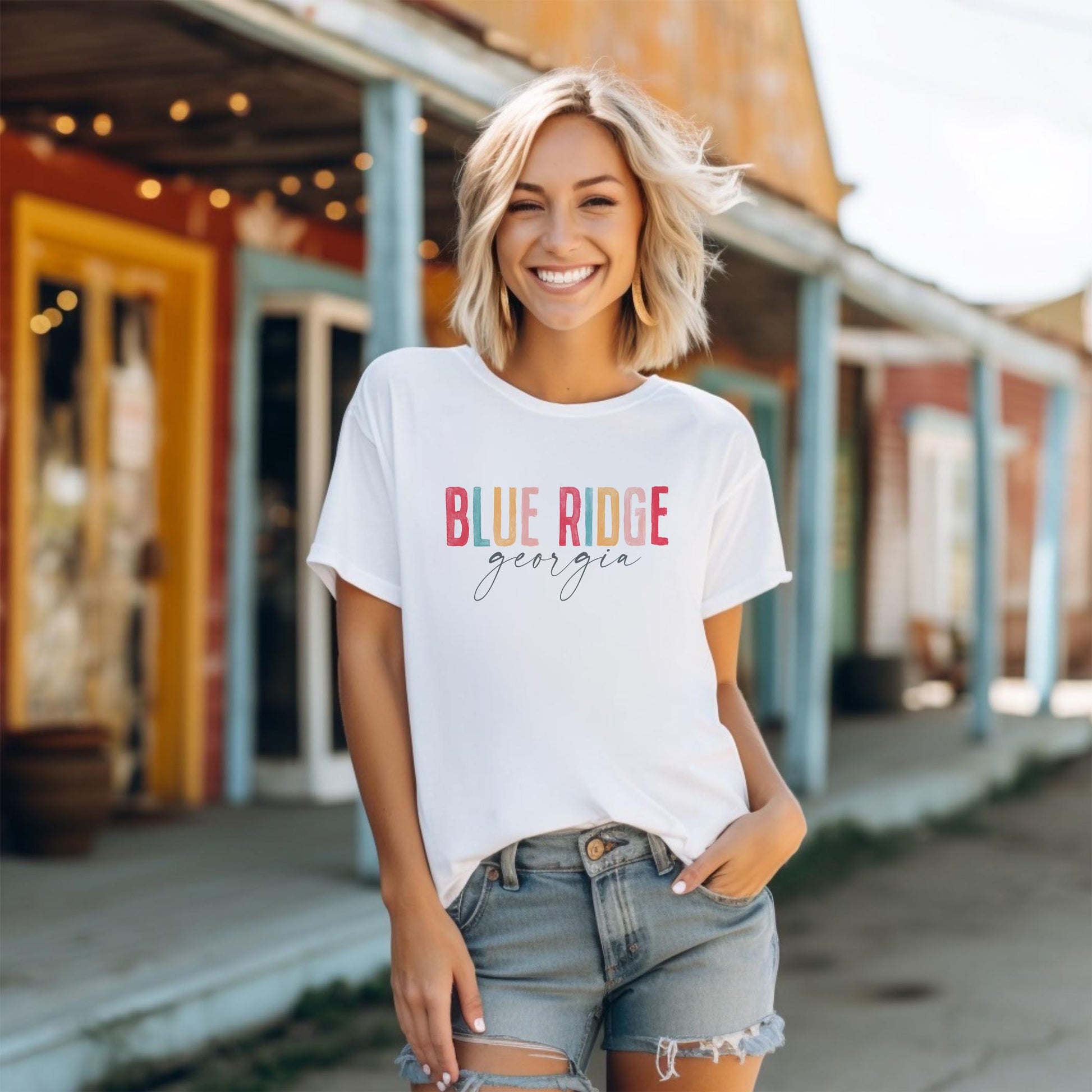 Bella Canvas T-Shirt White-Watercolor City Blue Ridge Georgia -1