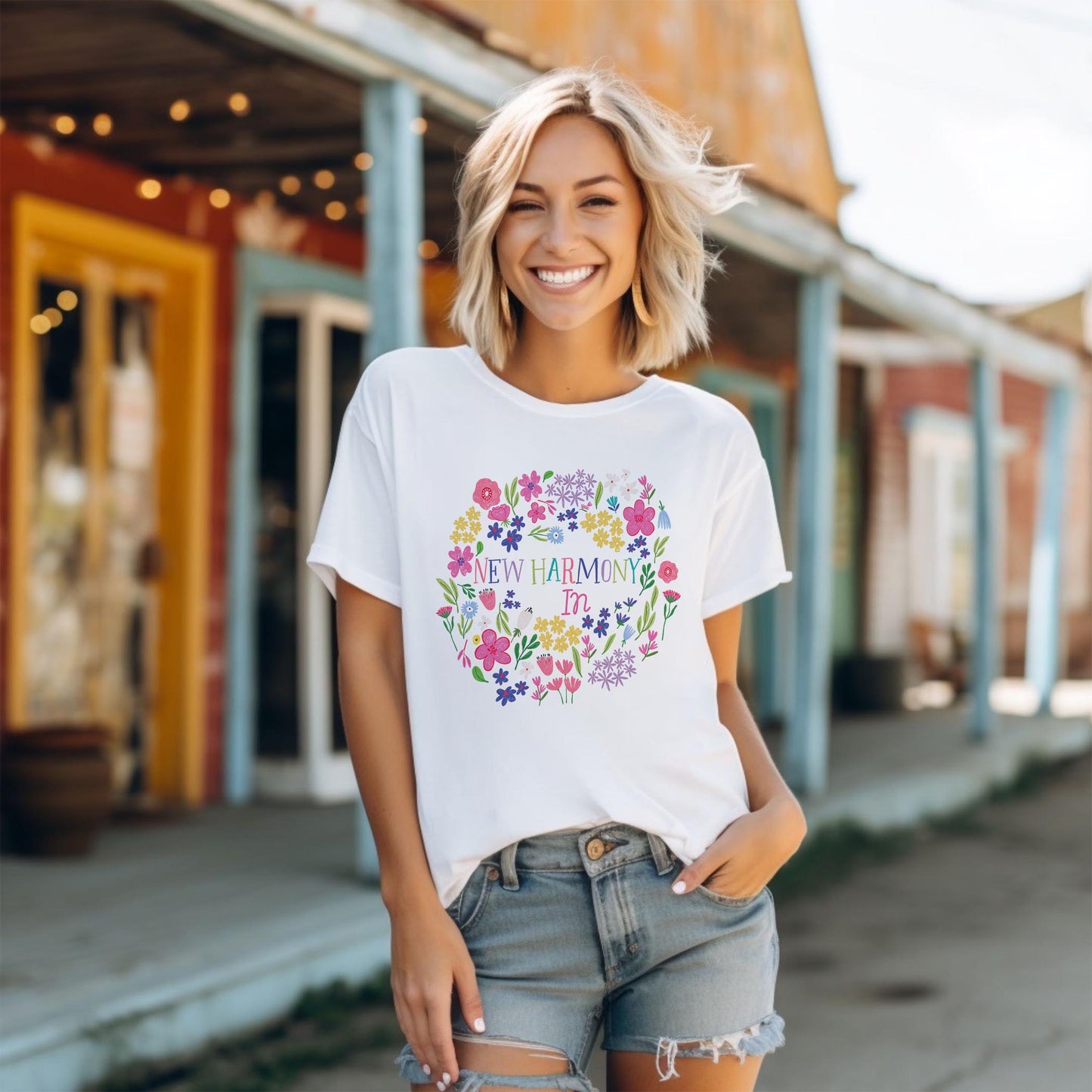 Bella Canvas T-Shirt White-Flower Confetti New Harmony Indiana -1