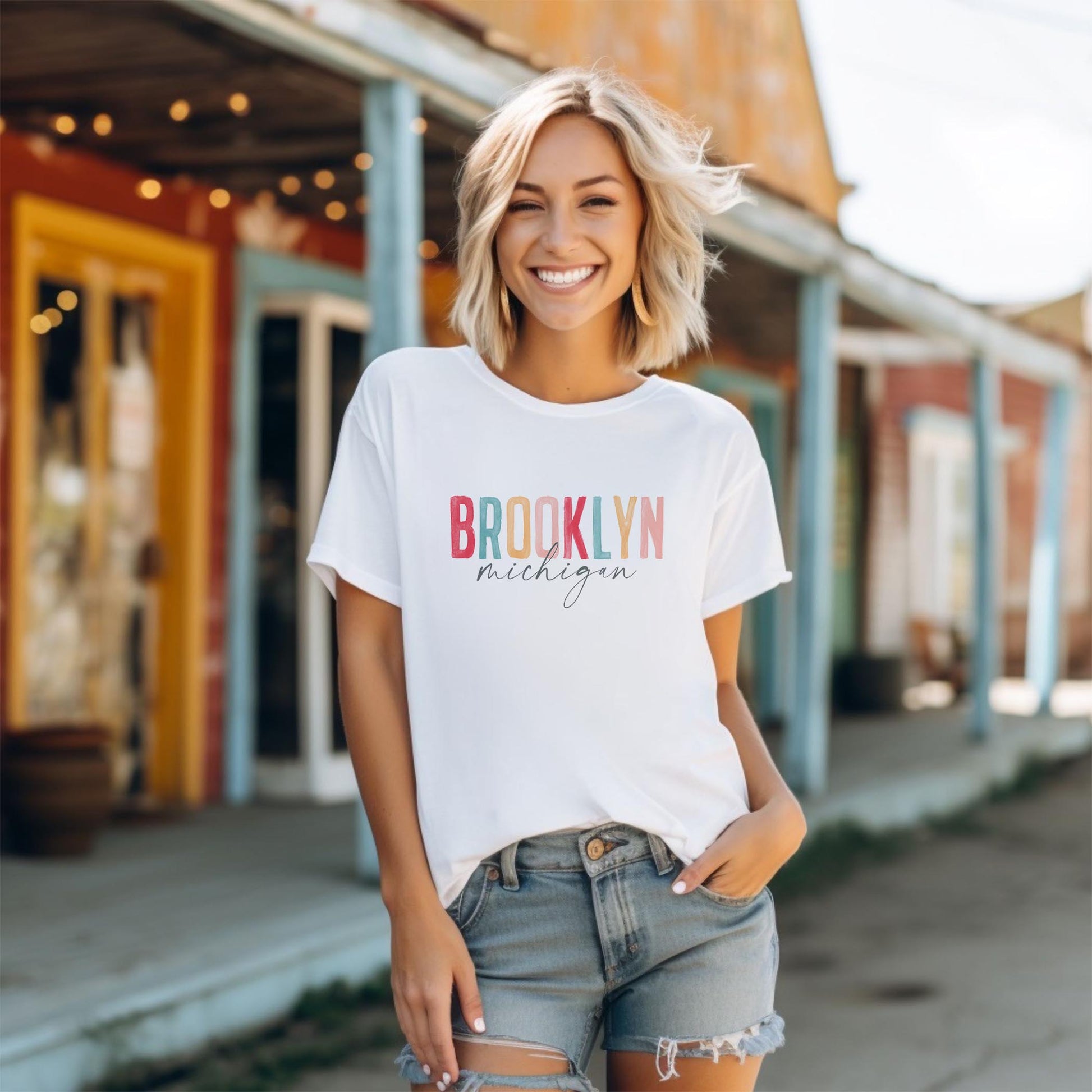 Bella Canvas T-Shirt White-Watercolor City Brooklyn Michigan -1