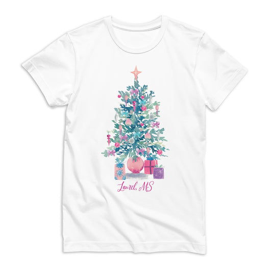Bella Canvas T-Shirt White-Watercolor Sugar Plum Christmas Tree -0