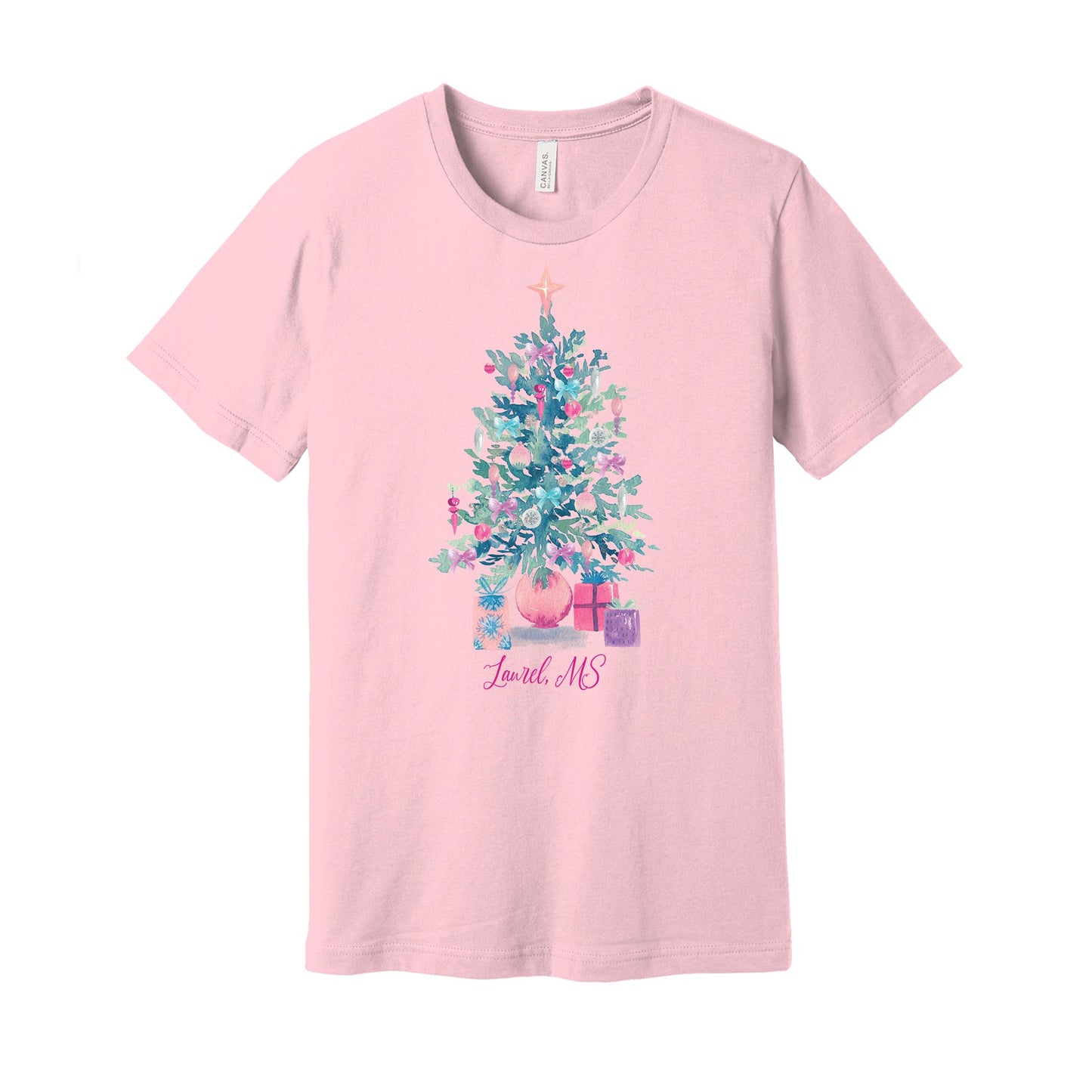 Bella Canvas T-Shirt Pink-Watercolor Sugar Plum Christmas Tree -0