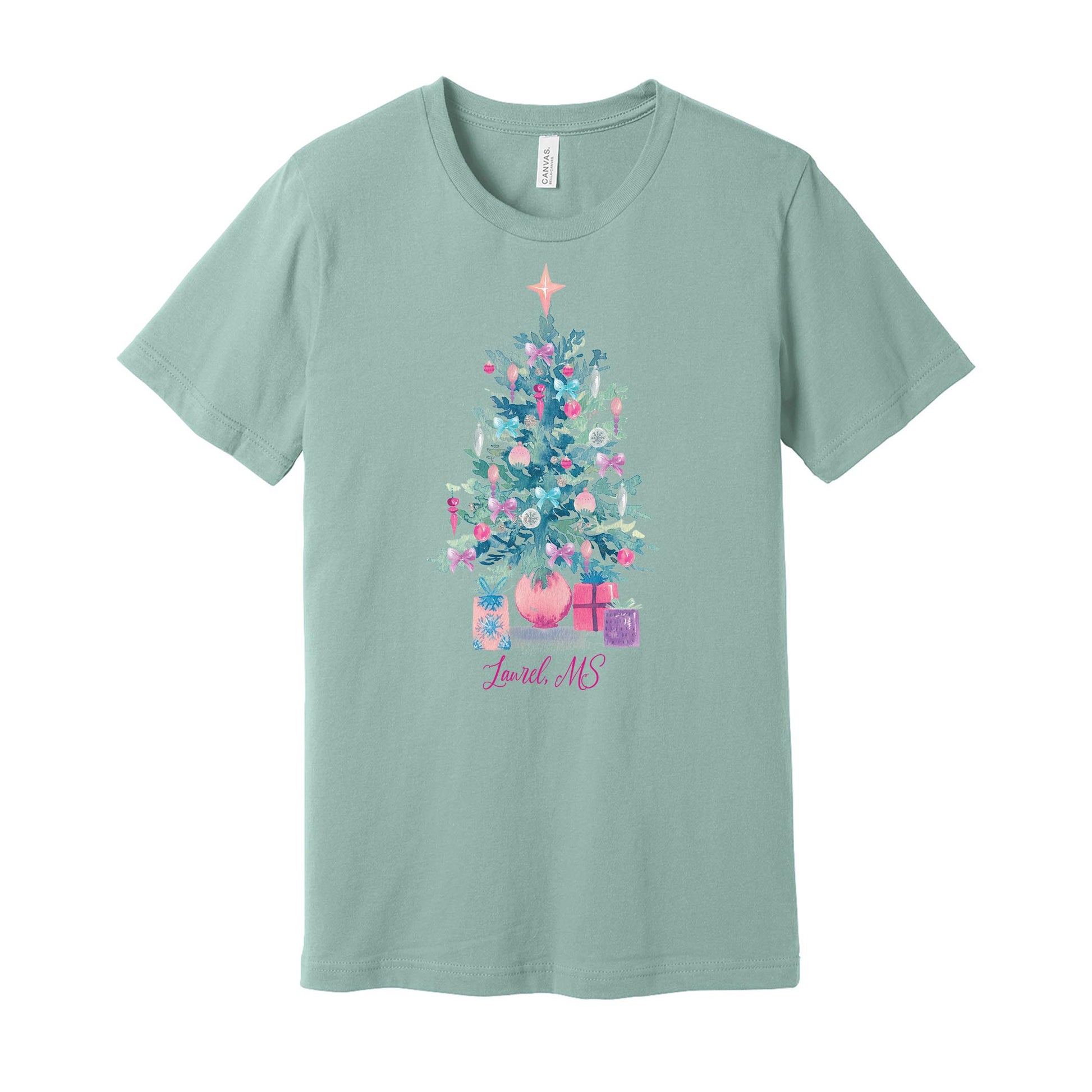 Bella Canvas T-Shirt Dusty Blue-Watercolor Sugar Plum Christmas Tree -0