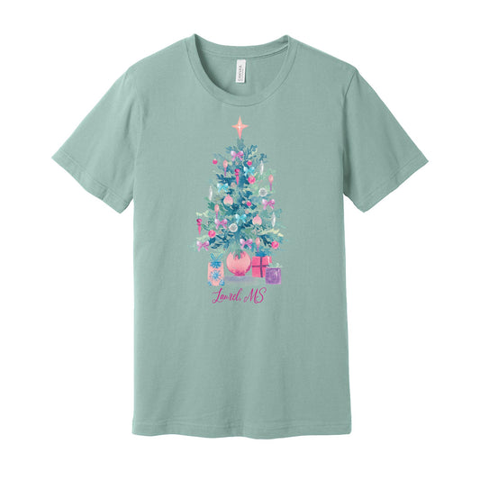 Bella Canvas T-Shirt Dusty Blue-Watercolor Sugar Plum Christmas Tree -0