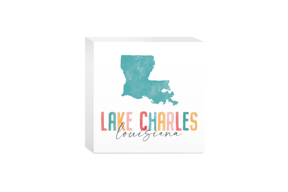 5x5 Wood Block-Watercolor City Lake Charles Louisiana -0