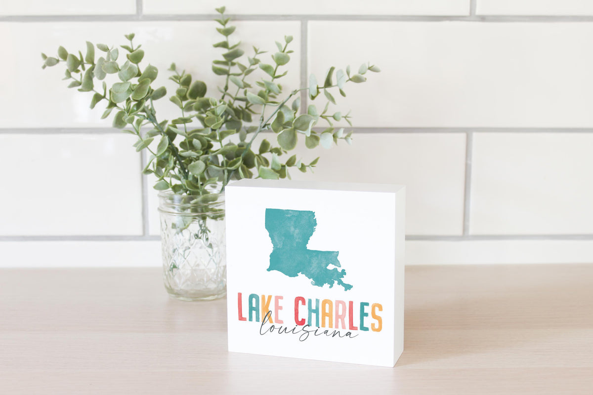 5x5 Wood Block-Watercolor City Lake Charles Louisiana -2