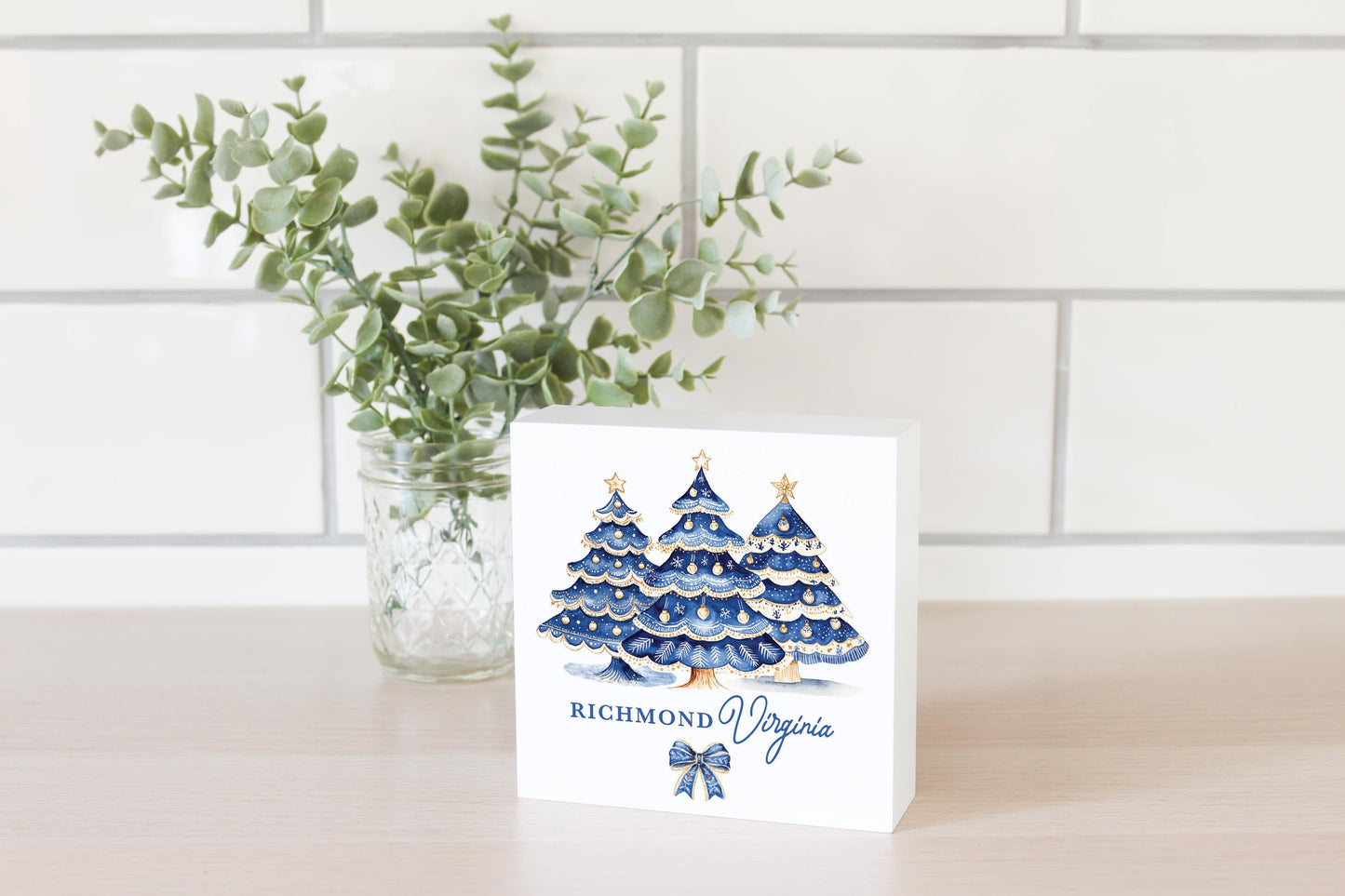 5x5 Wood Block-Love+Local Blue Noel - A Grand Millennial Christmas