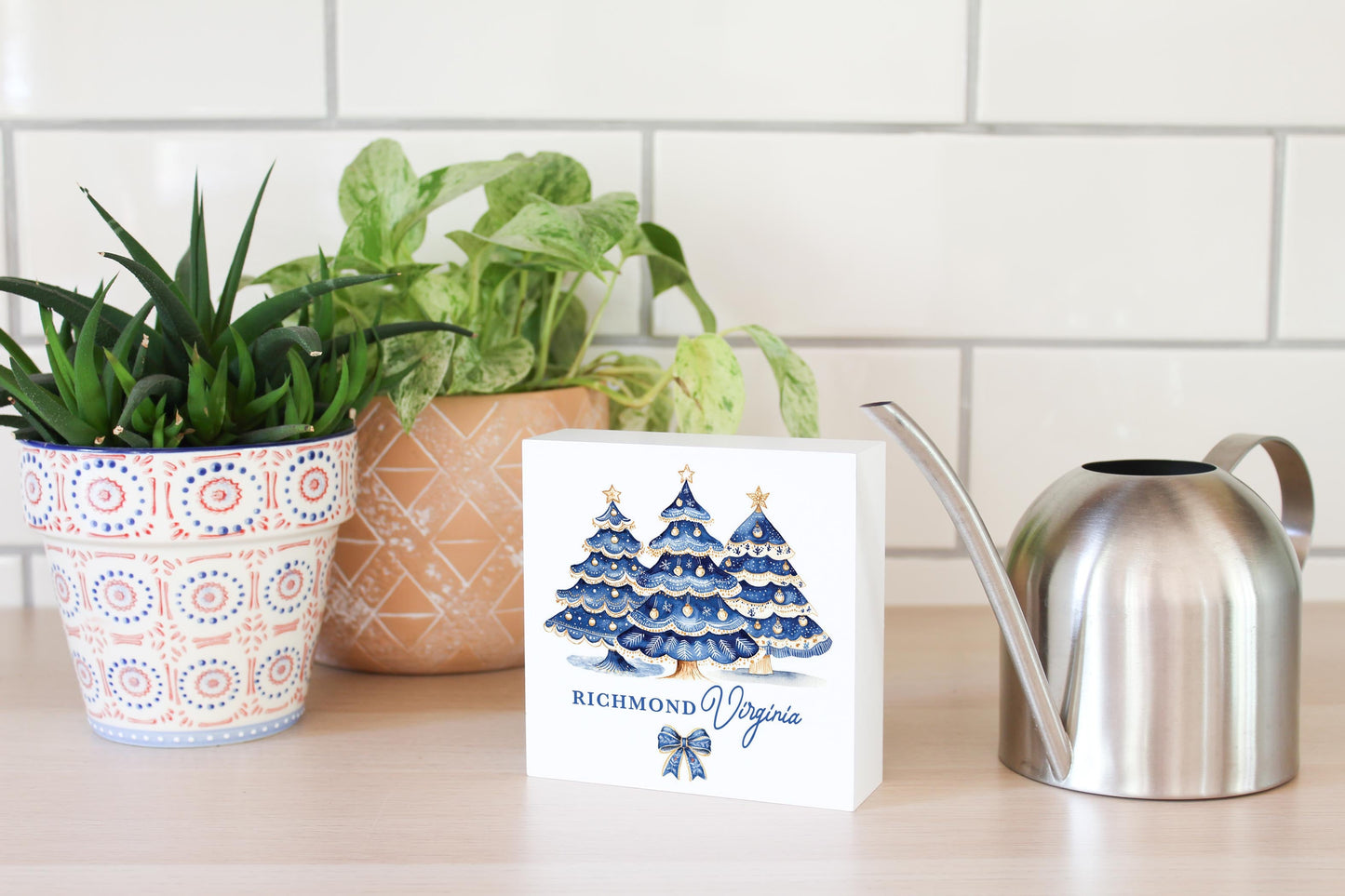 5x5 Wood Block-Love+Local Blue Noel - A Grand Millennial Christmas