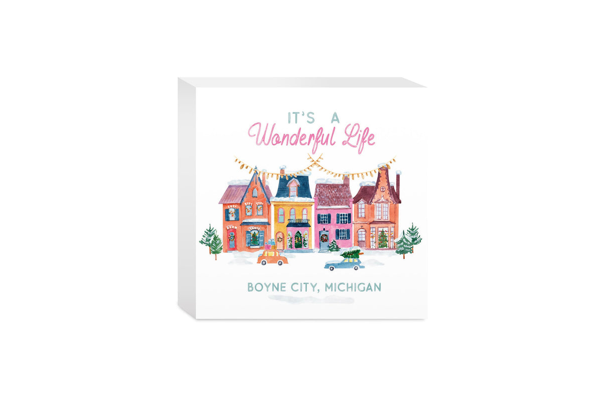 5x5 Wood Block-It's A Wonderful Life Boyne City Michigan -0