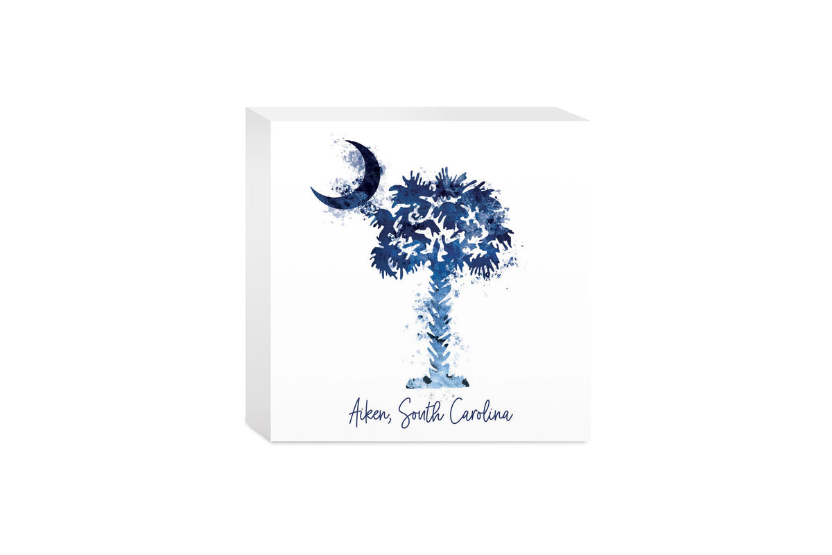 5x5 Wood Block-Blue Watercolor Palm Aiken South Carolina -0