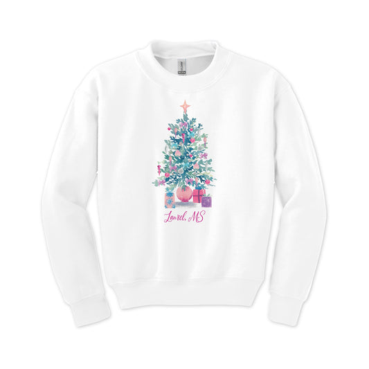 Gildan Youth Crewneck White-Watercolor Sugar Plum Christmas Tree -0