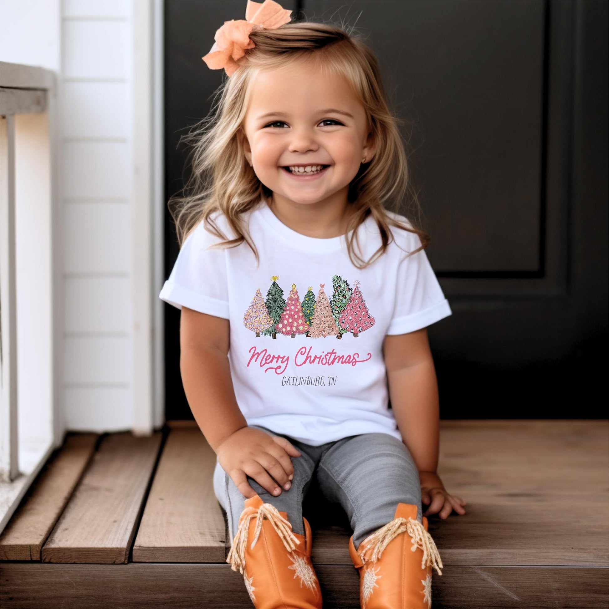 Bella Canvas Youth T-Shirt White-Pink Trees Gatlinburg Tennessee -1