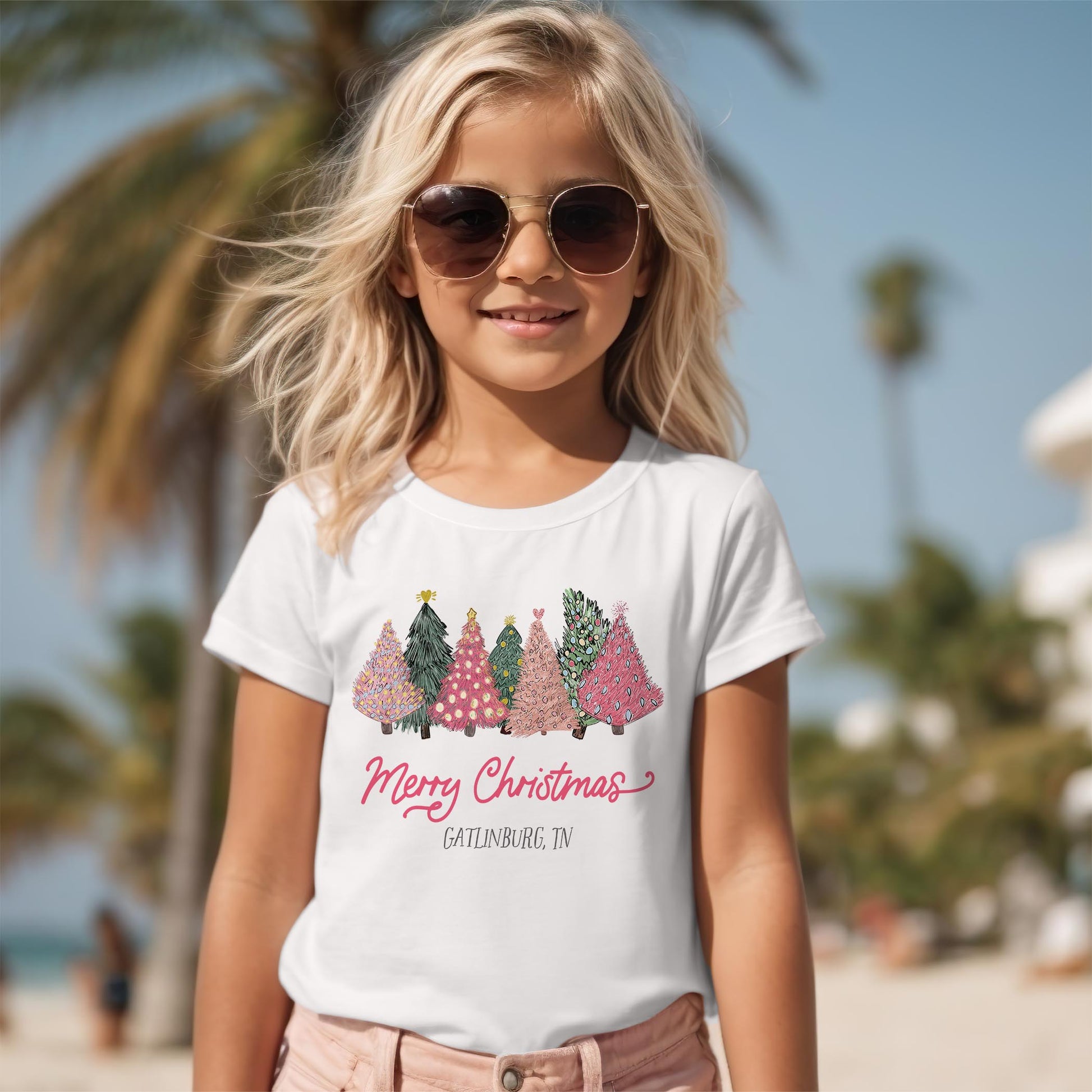 Bella Canvas Youth T-Shirt White-Pink Trees Gatlinburg Tennessee -2