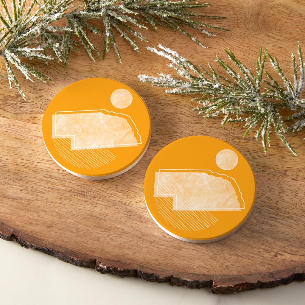 Bright Modern Geometric On Orange Nebraska| Absorbent Car Coasters | Set of 2 | Min 4