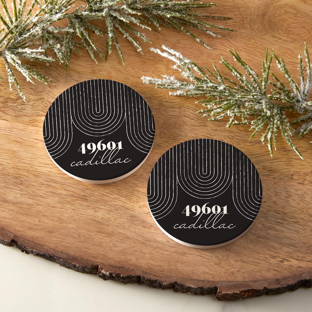 Black And White City Zip On Black Michigan Cadillac | Absorbent Car Coasters | Set of 2 | Min 4