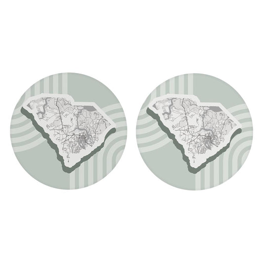 Vintage Groove Light Green Lines Map South Carolina Beaufort| Absorbent Car Coasters | Set of 2 | Min 4
