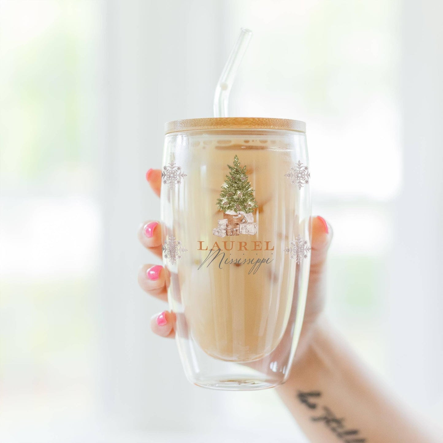 16oz Custom Insulated Glass Tumbler Christmas Cottage Tree