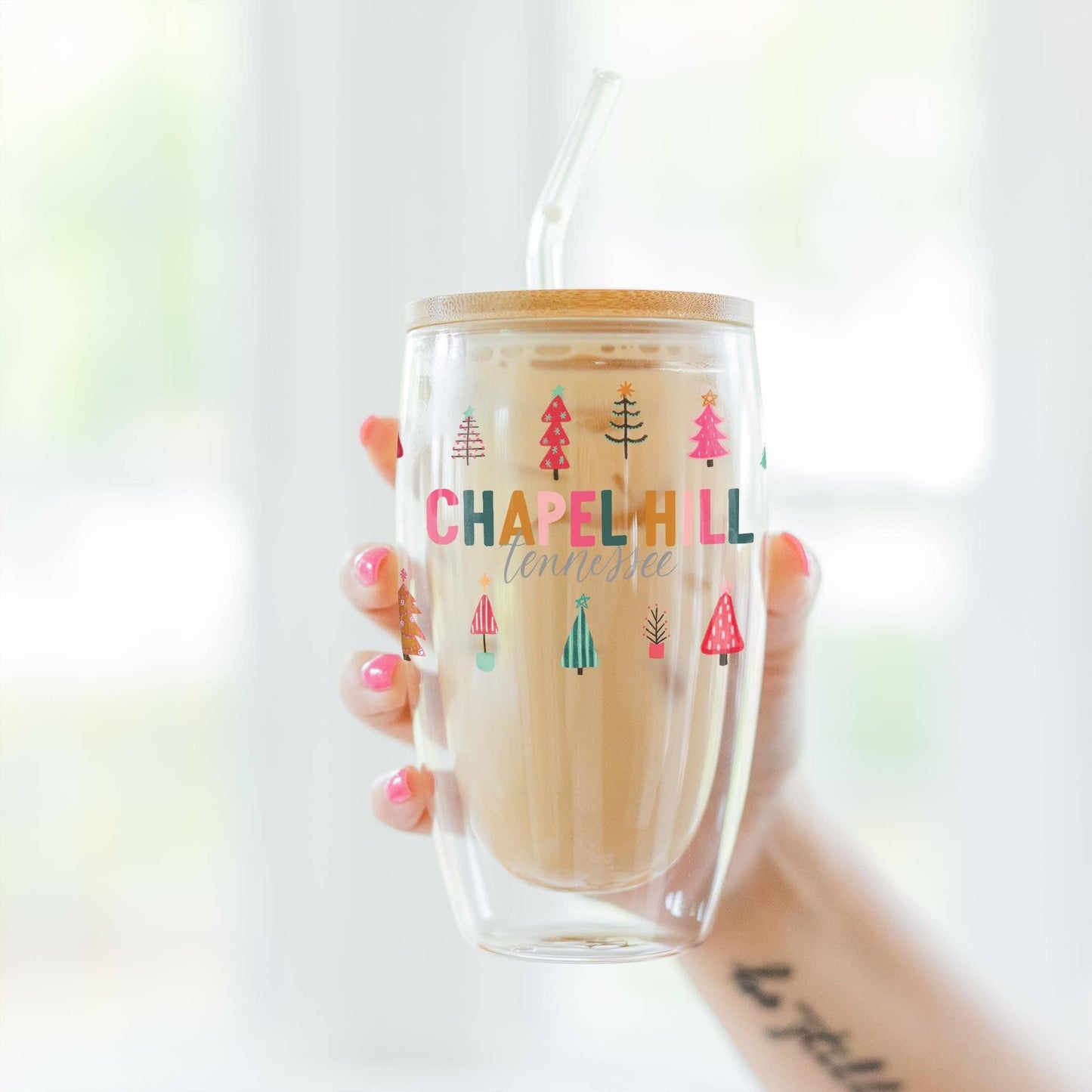 16oz Custom Insulated Glass Tumbler Bright Christmas Trees