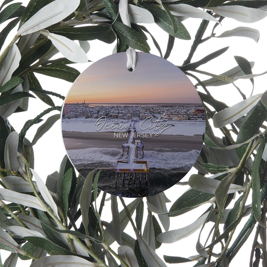 OCNJ Fishing Pier Snow Christmas Ornament| Wood Ornament | Eaches | Min 6