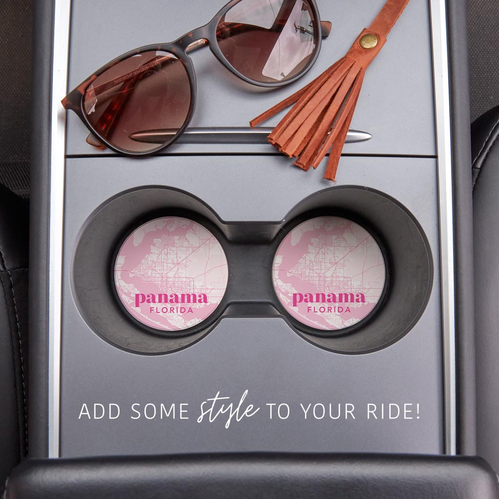 Bright Modern Pink Map Florida Panama | Absorbent Car Coasters | Set of 2 | Min 4
