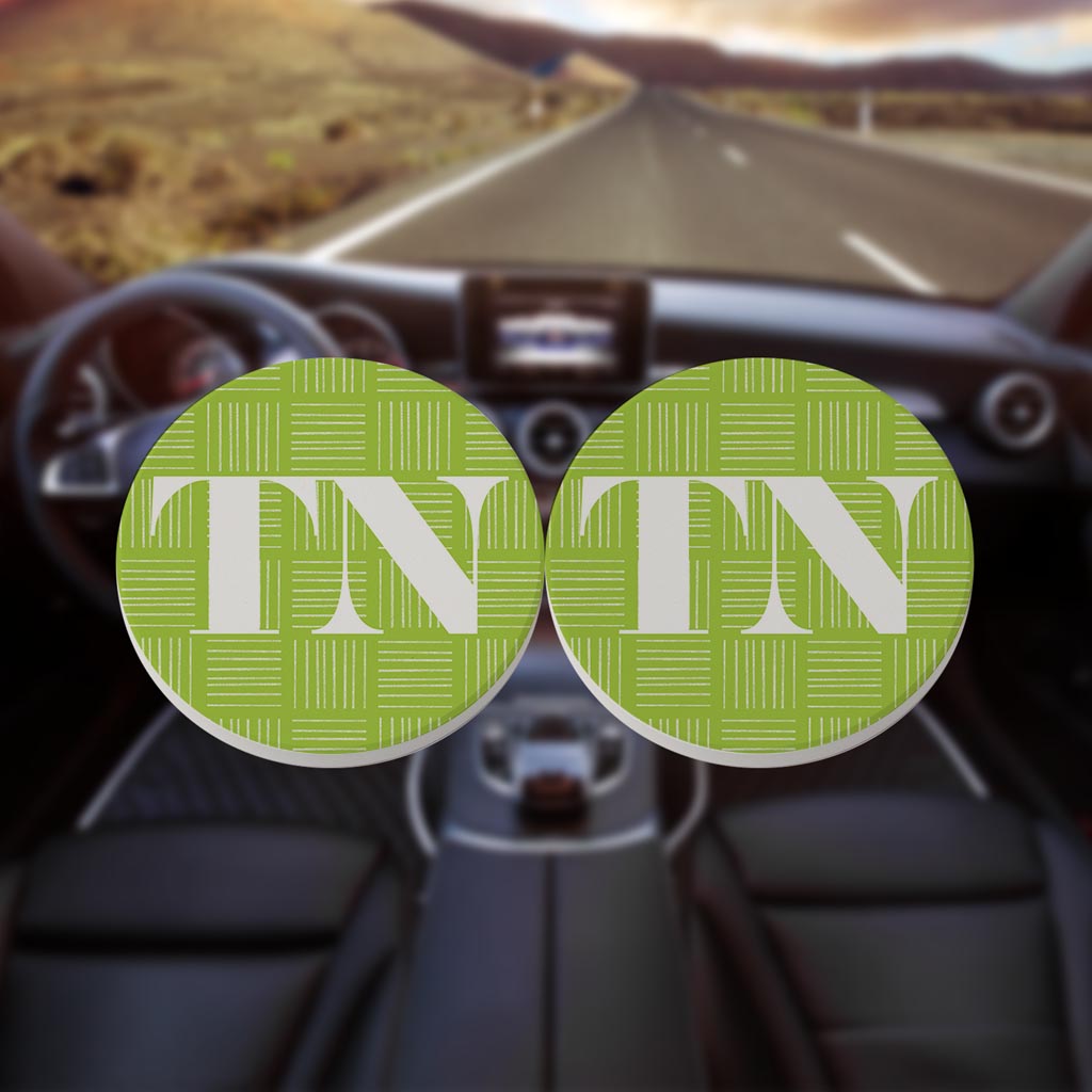 Bright Modern Abbreviated On Green Tennessee | Absorbent Car Coasters | Set of 2 | Min 4