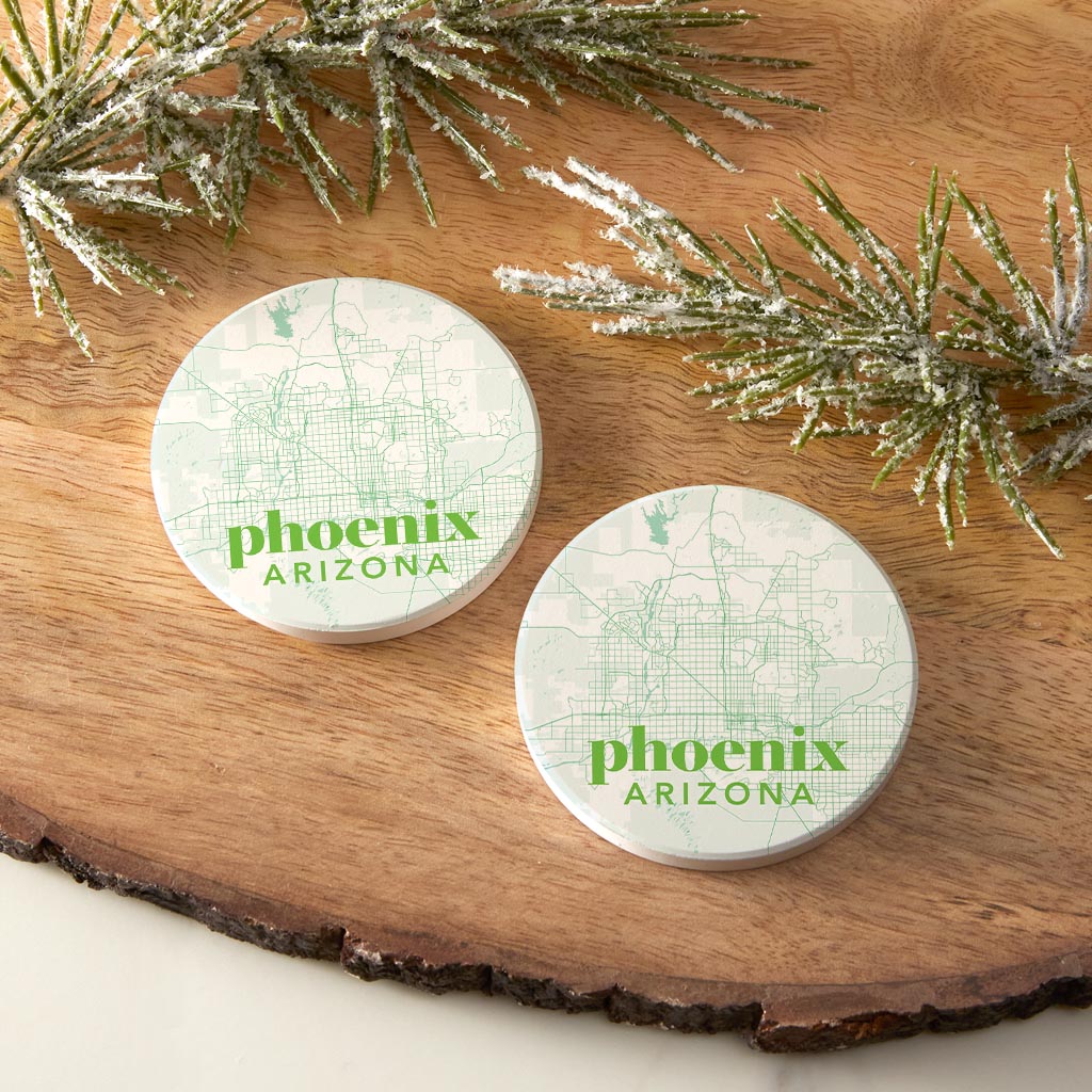 Bright Modern Green Map Arizona Phoenix | Absorbent Car Coasters | Set of 2 | Min 4