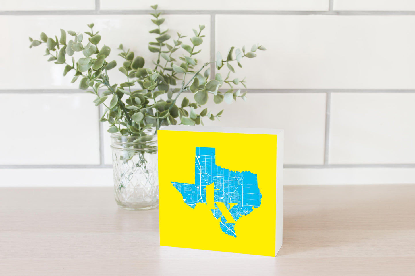 Bright Modern Abbreviated State Yellow Texas Harlingen | Wood Block | Eaches | Min 4