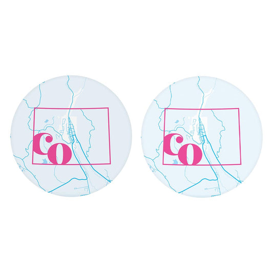 Bright Modern State Map Blue Colorado Creede| Absorbent Car Coasters | Set of 2 | Min 4