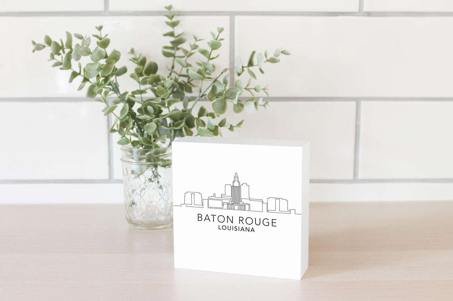 Minimalistic Baton Rouge Skyline | Wood Block | Eaches | Min 4