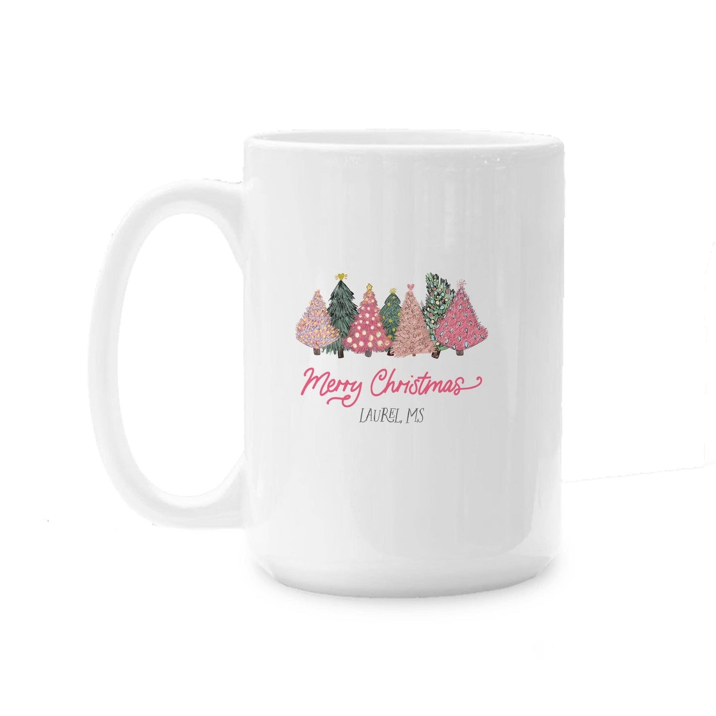 15oz Custom Ceramic Coffee Mug - Pink Christmas Trees