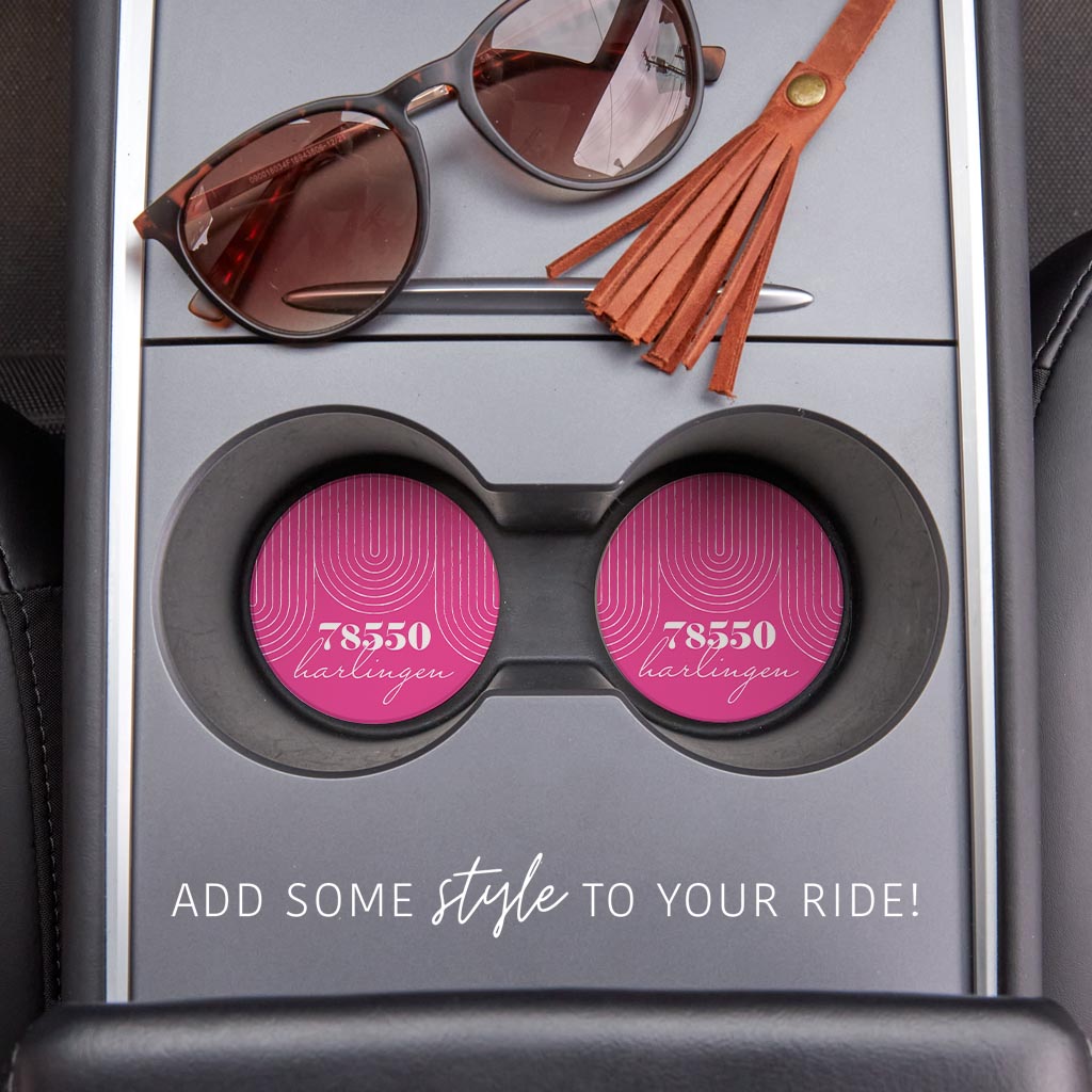 Bright Modern City Zip On Pink Texas Harlingen | Absorbent Car Coasters | Set of 2 | Min 4
