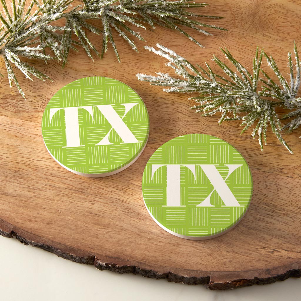 Bright Modern Abbreviated On Green Texas | Absorbent Car Coasters | Set of 2 | Min 4