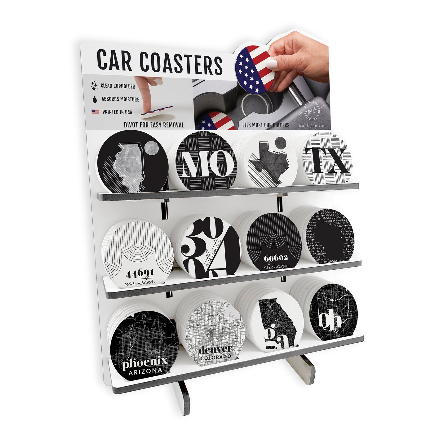 Black and White Mixed Car Coaster Loaded Display | 12x16