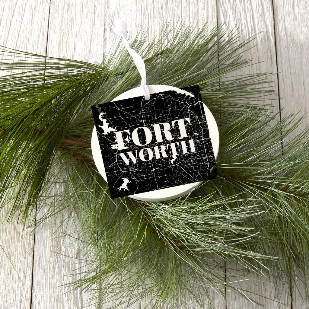 Minimalistic B&W Texas Fort Worth Map | Wood Ornament | Eaches | Min 6
