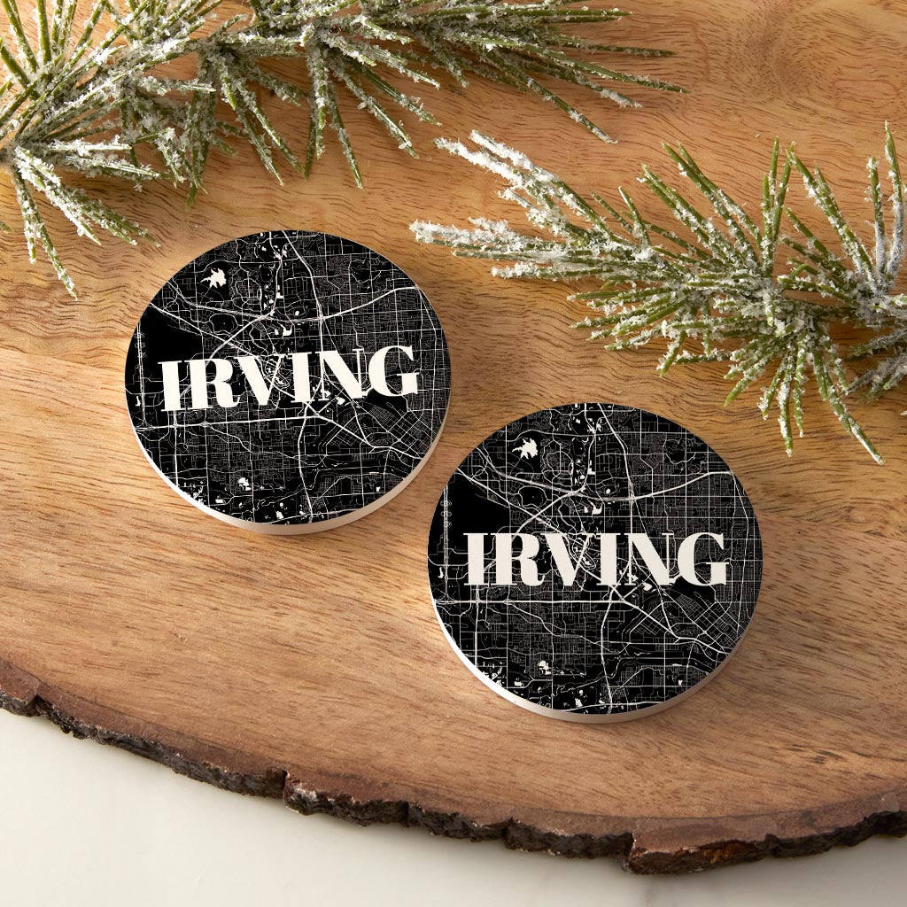 Minimalistic B&W Texas Irving Map | Absorbent Car Coasters | Set of 2 | Min 4